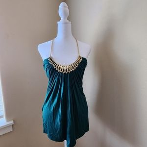 sky brand halter green top gold embellishment bib. Small Sexy and comfortable